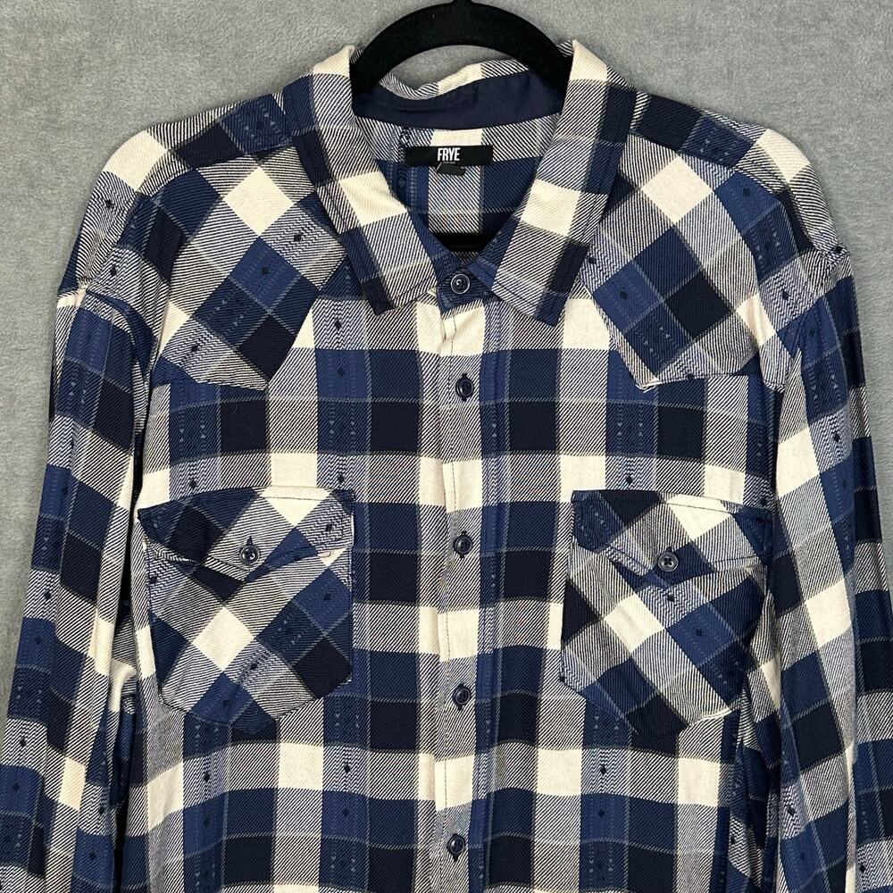 Frye Shirt Mens XXL Blue Plaid Jacquard Flannel Button Front Long Sleeve Western - Picture 2 of 12